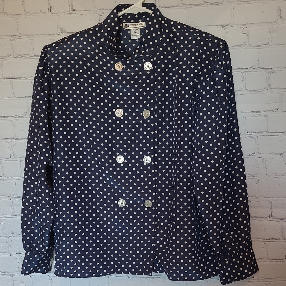 Vintage Navy White Size 12P Double Button Front Blouse 80's